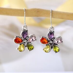 Multi Zirconia Crystal Drop Earrings 5 Petal Flower Gemstone Dangle Pendant Chrm